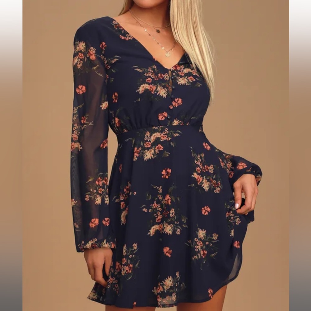 NWT Lulus Always Yours Navy Blue Floral Print Long Sleeve Skater Dress